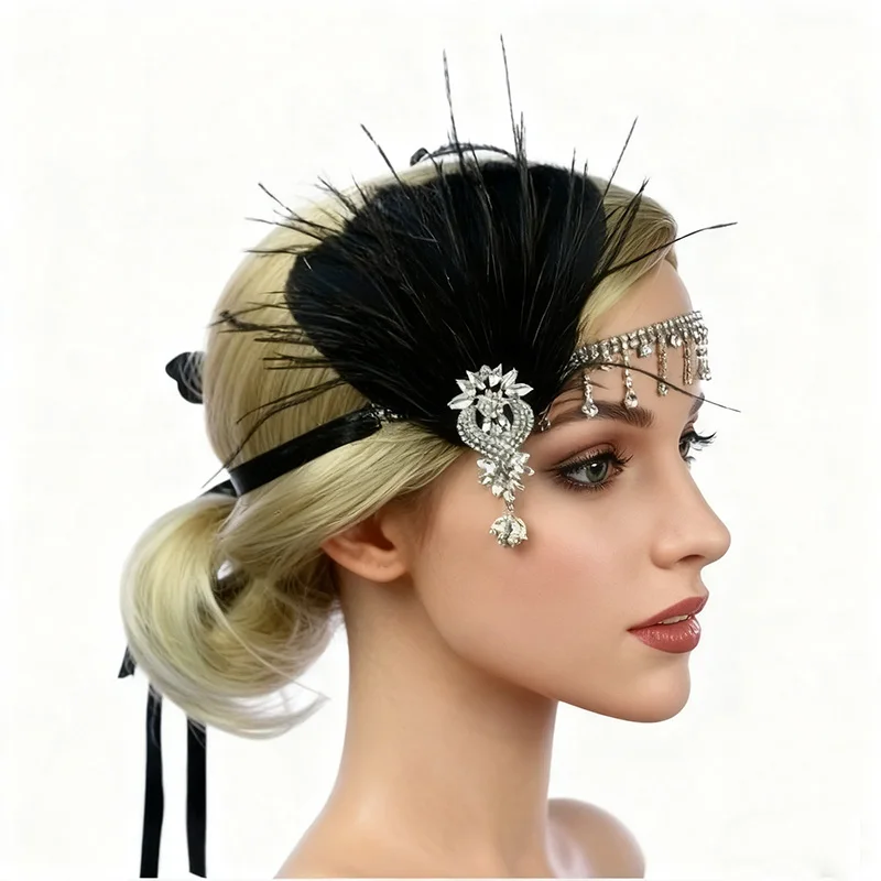 

Ревущая повязка на голову с перьями 20-х годов - тиара со стразами в стиле Гэтсби для свадебных украшений и аксессуаров для волос для вечеринок с хлопушками
