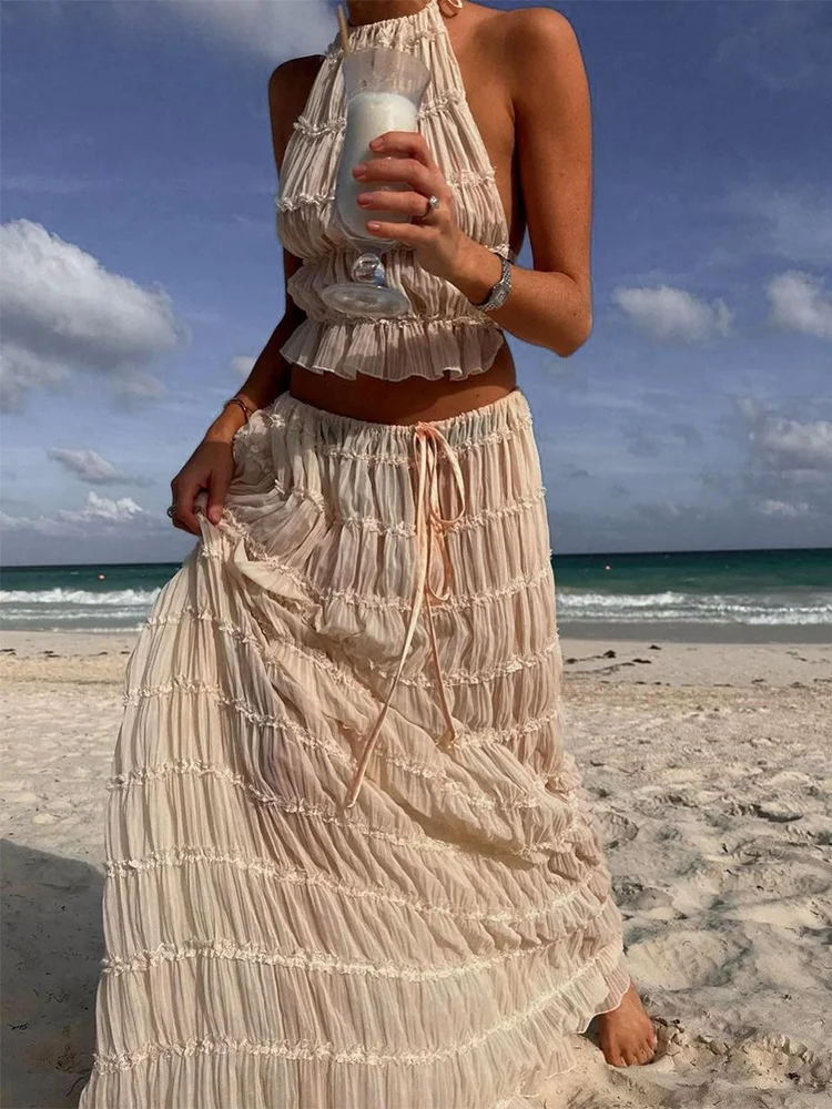 

Sexy Halter Fold Top Long Skirt Set Women Through Lace Crop Dress Set 2024 Summer Beach Women's Wear