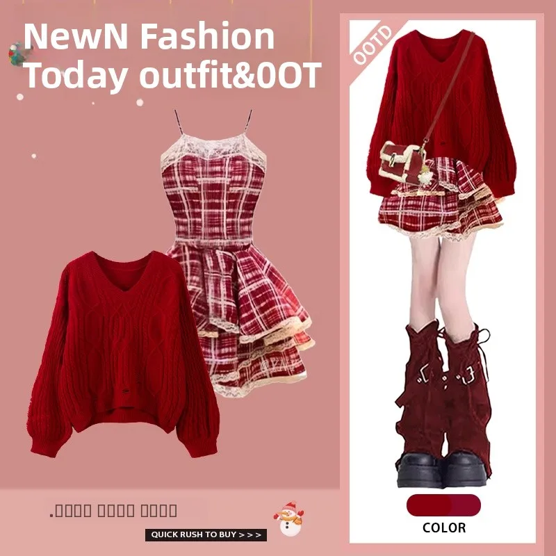 

Зимний новогодний женский вязаный свитер Dr Set Red Hole Design с ремешком Dr Комплект из двух предметов Long Sve round Ne Top