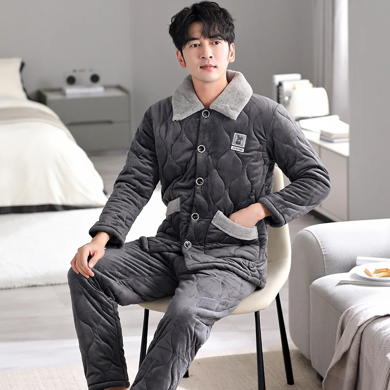 Newest Winter Pajamas Set Men Thick 3 Layer Clip Cotton Sleepwear Men's Turn-down Collar Pijama Hombre