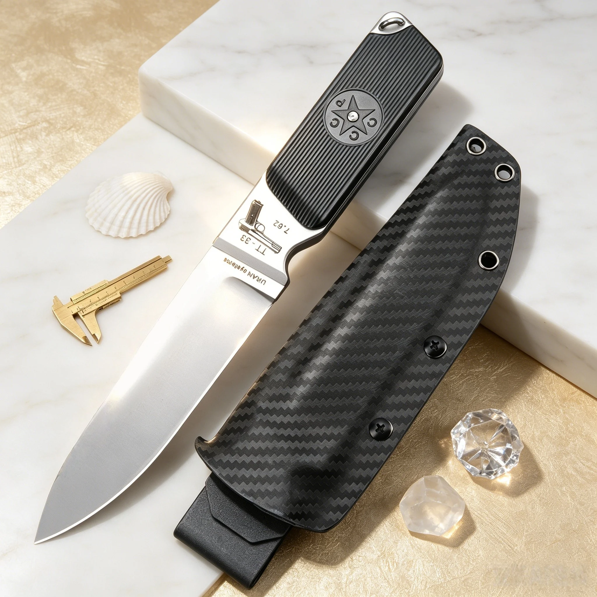 Urakov TT33 - A high-end outdoor knife from Russia, made of DC53 steel, with a carbon fiber sheath, suitable for hiking trips.
