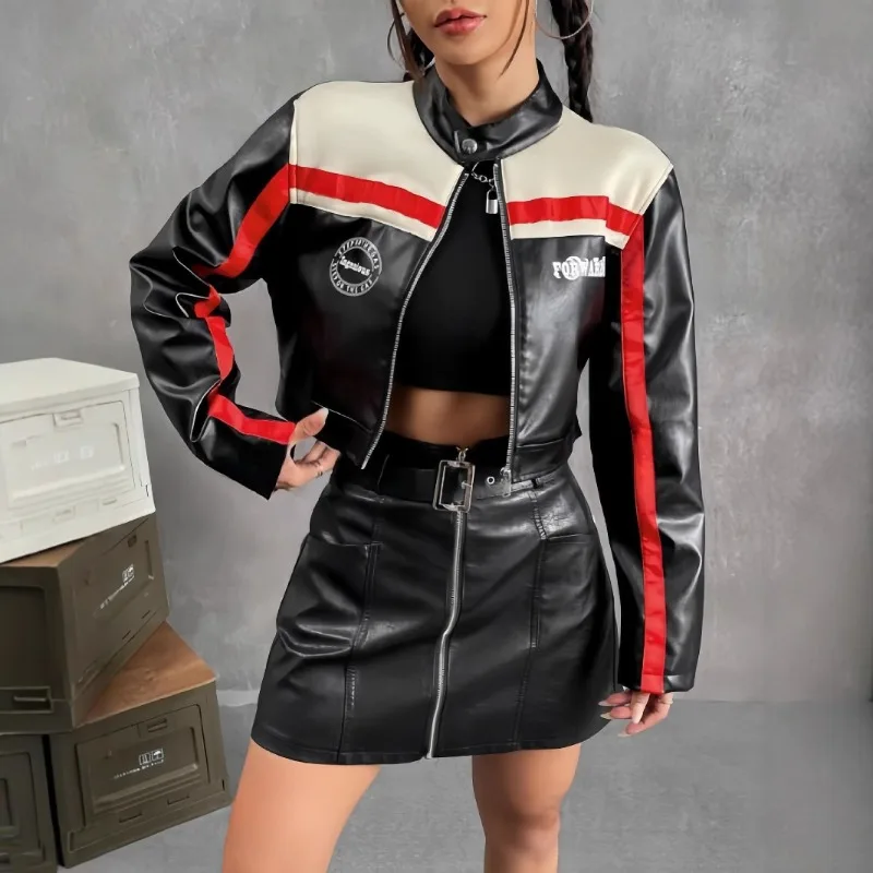 Women's Autumn/Winter Top Coat Imitation Leather Stand-up Collar Short Stripes Zipper Casual Design Fashion New Versatile Skinny