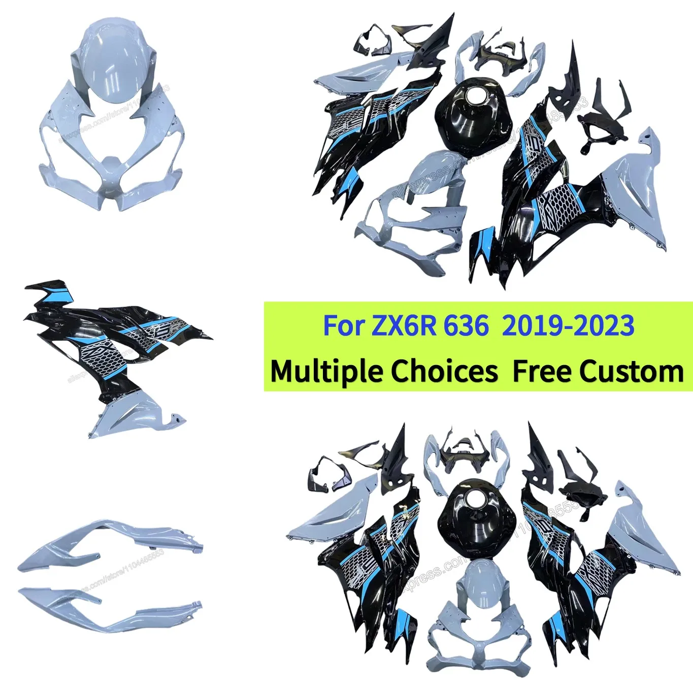 

Injection Molded ZX6R Fairings 2019-2023 Ninja 636 | Glossy Blue Stripe with Nardo Grey Honeycomb Graphic Fairing