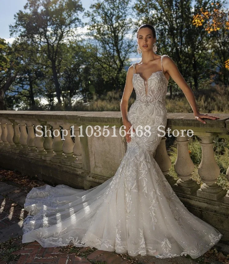 Vestido de noiva Halter nupcial querido, Elegante Applique prateado, Vestido longo personalizado da sereia, Vestido de casamento formal, 2024