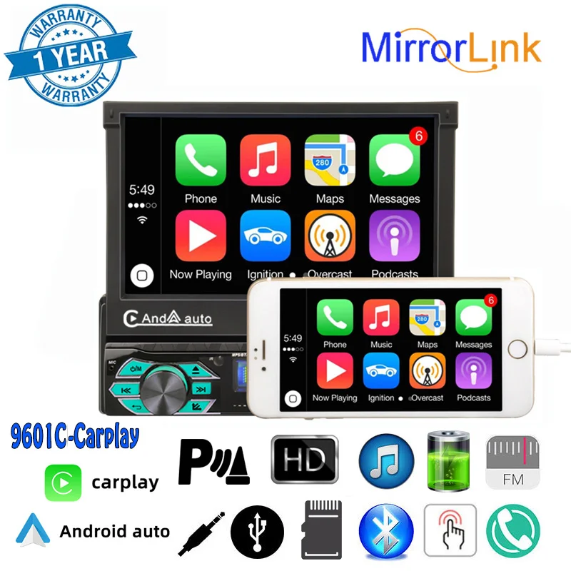 1PCS 7 Inch Single Din Electric Telescopic Screen Car MP5 Player OEM 9601C Wince CarPlay BT4.2 FM USB TF AUX 12V
