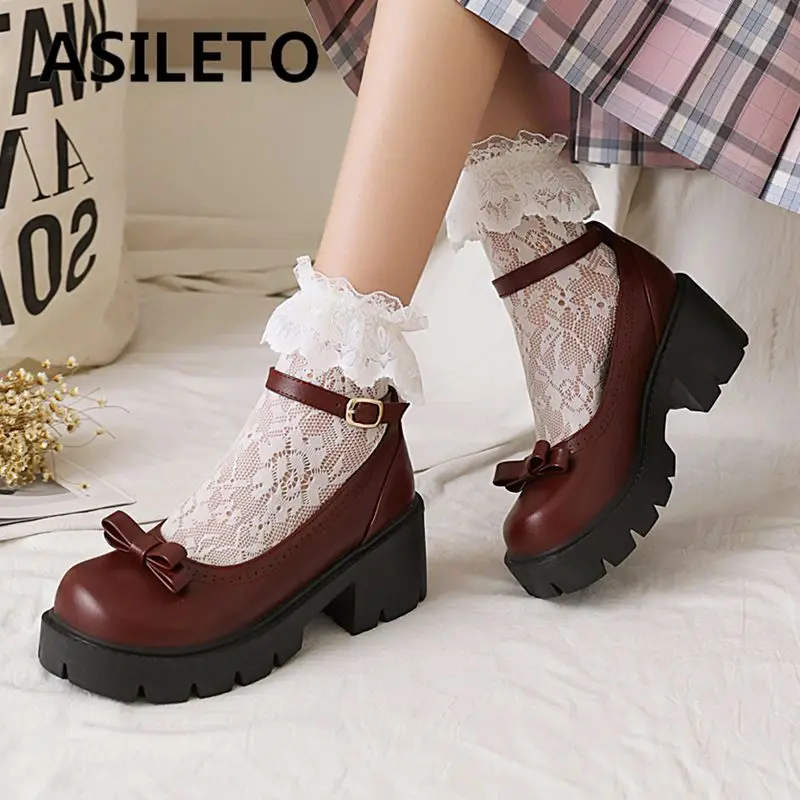 

ASILETO Sweet Mary Janes Туфли-лодочки с круглым носком на толстом каблуке 6,5 см, платформе 2,8 см, ремешок с пряжкой и бантом, большой размер 41 42 43 Повседневная обувь
