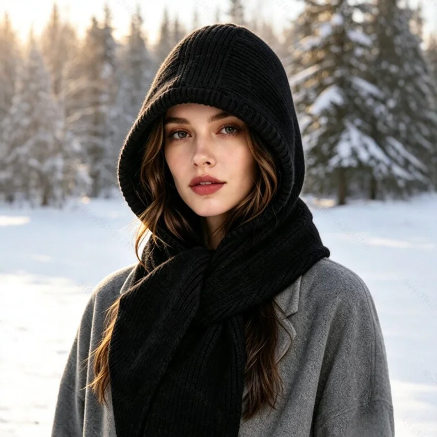 Knitted Hooded Scarf Integrated Hat Winter Thick Windproof Ear Protection Beanie Unisex Warm Head Neck Cover