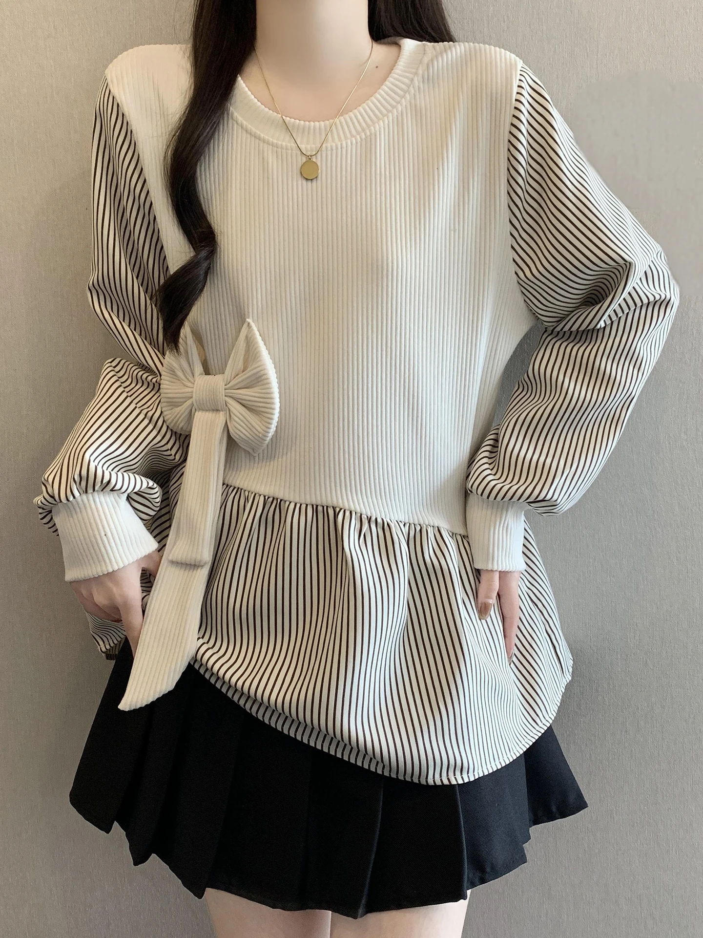 

Unique Ele Splice Top Women's Early Spring plus Size Slimming Belly Cover Sli Top Korean Sle Long Sve ...