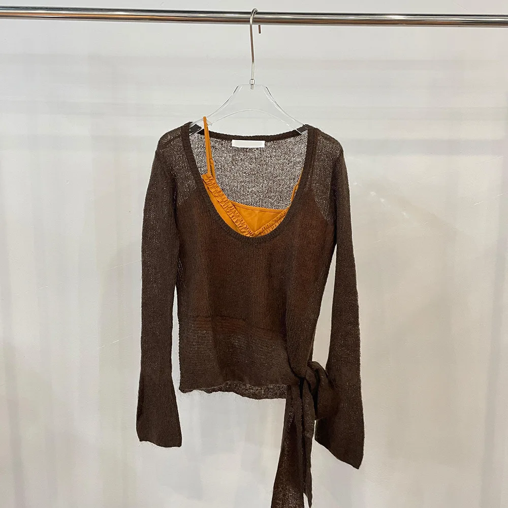 

2025 Autumn New Low-neck Thin Wool Sweater with Flared Sleeves - Two-Piece Set with Tied Casual Top