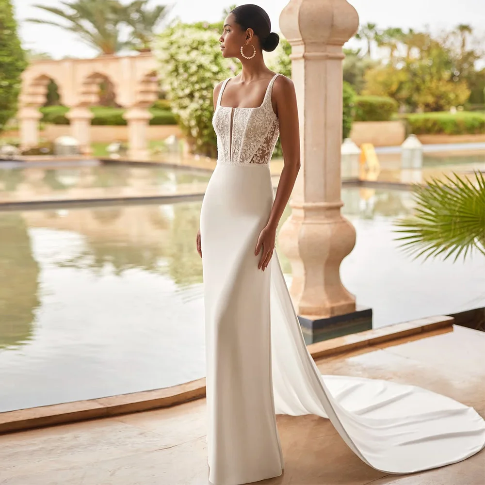 

Temperament Straight Sleeveless Wedding Dress Customized Graceful Square Collar Bridal Gown Dreamy Appliques Lace Robe de mariée
