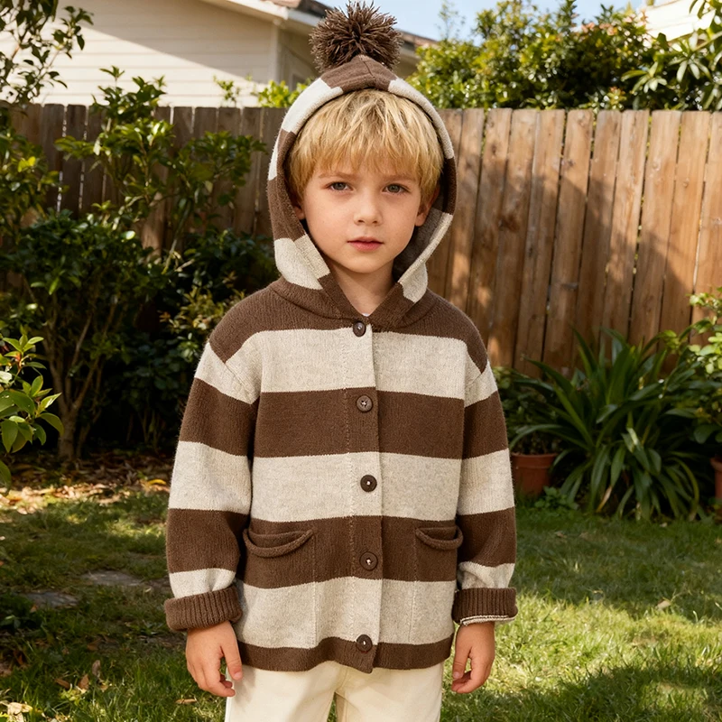 

2-6Y New Winter Baby Girls Boys Knit Sweater Coat Autumn Long Sleeved Stripe Hooded Infant Baby Girls Boys Knit Cardigan Coat