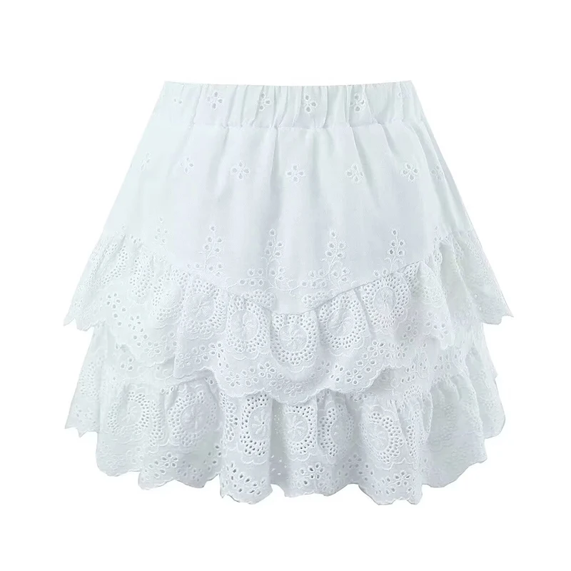 YENKYE New Women Floral Embroidery White Mini Skirt Lady Vintage Elastic Waist Holiday Summer Skirts