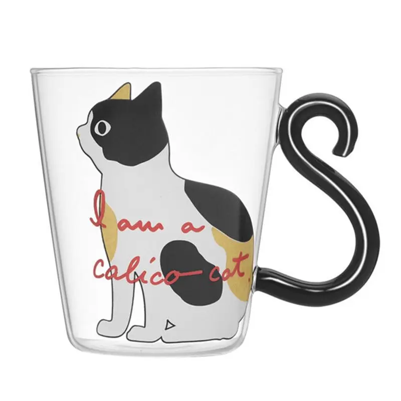 CHCH 4X Cute Kitty Glass Water Cup Cat Tail Handle Mug Milk Tea Coffee Fruit Juice Mug Drinkware Home Lovers Cup -White