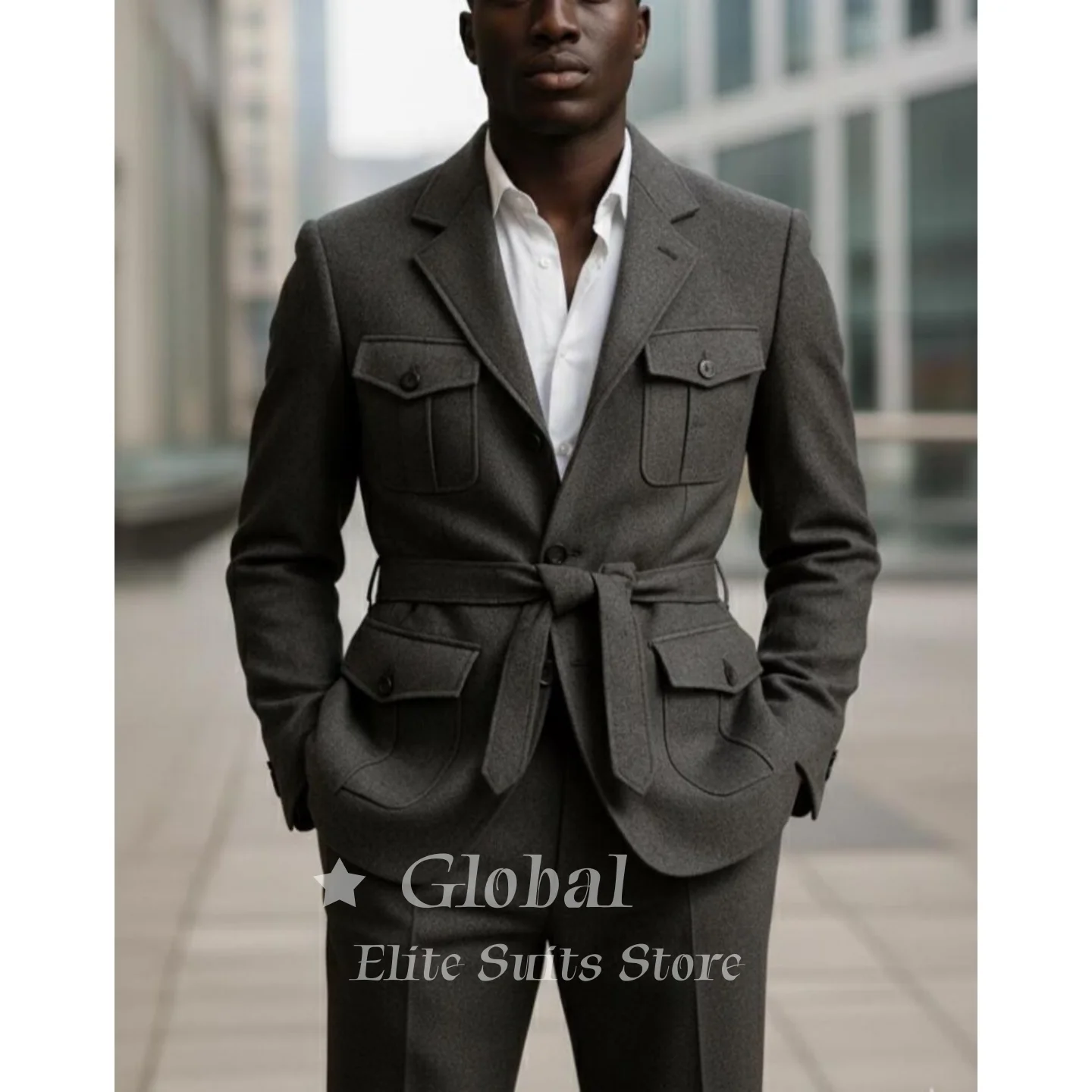 Casual Grey Safari Suit Wool Blend 2-Piece with Belted Jacket & Multi-Pockets Wedding Perfect for Business Suits Male Customized