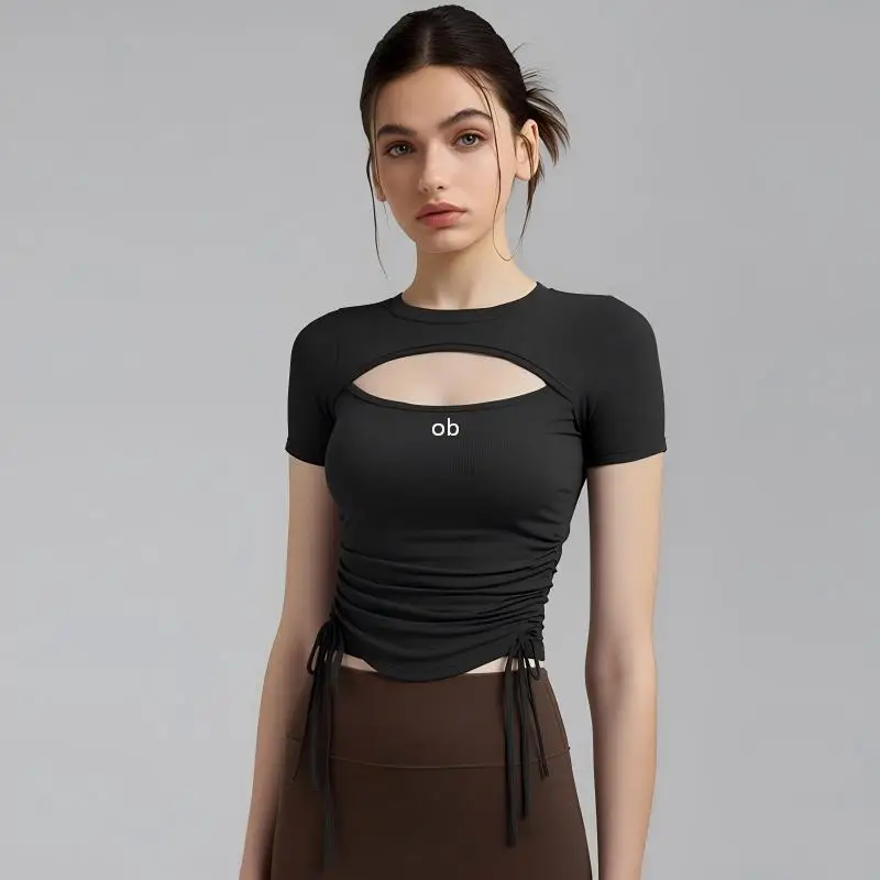 Yoga knitted cross-border fitness Pilates elastic band fixed chest pad slimming open-front short-sleeved summer t-shirt
