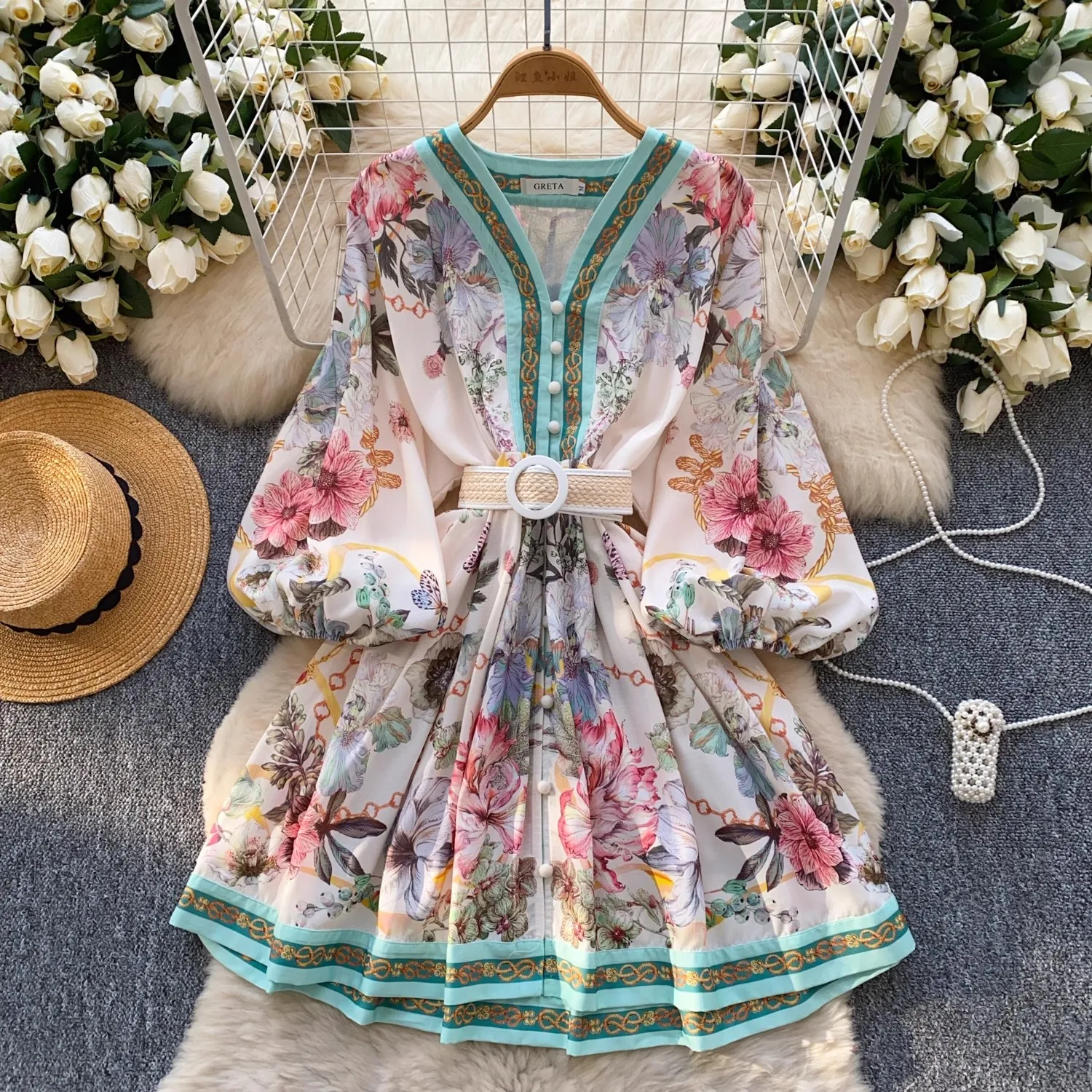 

2025 Summer Holiday Gorgeous Flower Short Dress Women's V-Neck Long Lantern Sleeve Single Breasted Belt Mini Party Vestidos