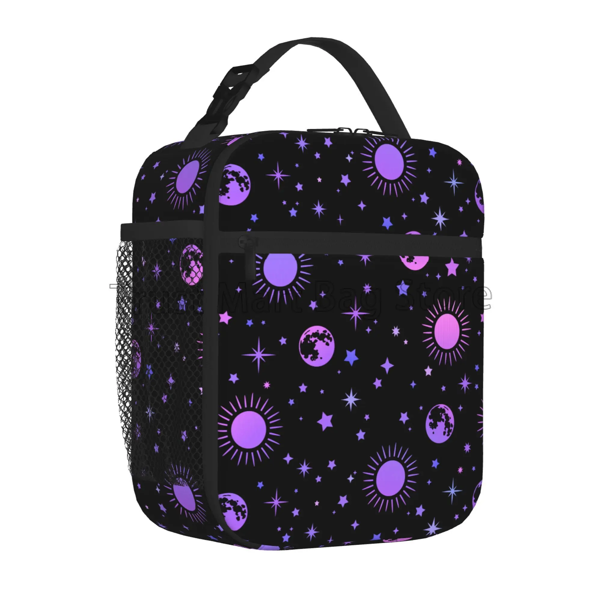 Vintage Neon Purple Esoteric Sun Moon Insulated Lunch Bag Reusable Portable Lunch Box Cooler Thermal Tote Bag for Work Picnic