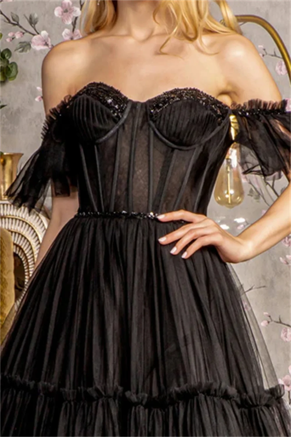 Annie Black Elegant Wedding Dress Sequined Beaded Tulle Prom Dresses A-line Strapless Princess Bespoke Occasion Dresses