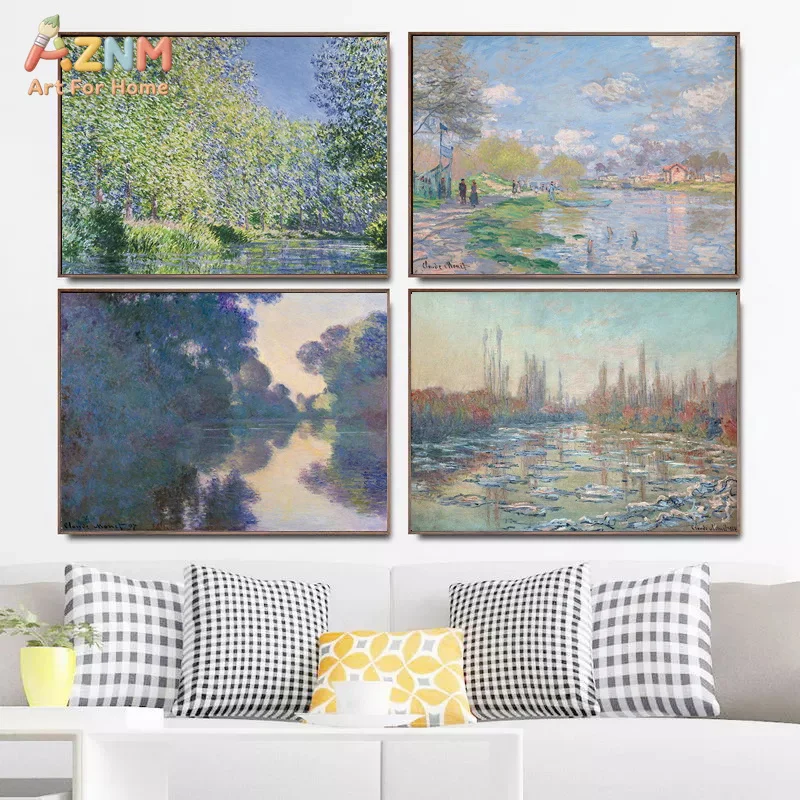 AZNM Claude Monet River Landscape Canvas Wall Art Impressionism Scenery Oil Painting Print for Bedroom Living Room Home Wall Dec