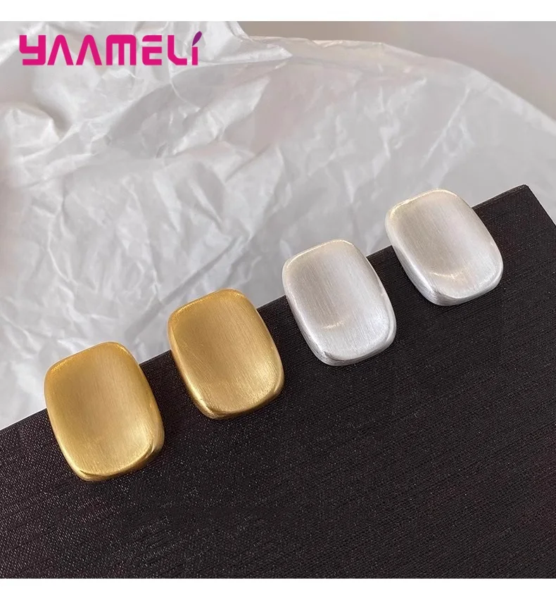 

925 Sterling Silver Stud Earrings for Women Brincos Oorbellen Pendientes Square Metallic Office Lady Ear Decoration Ornaments