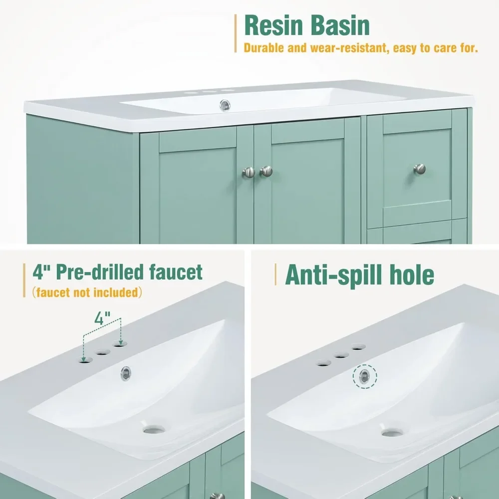 36" moderno con carga USB, dos puertas y tres cajones, pequeño mueble de baño con lavabo individual, verde