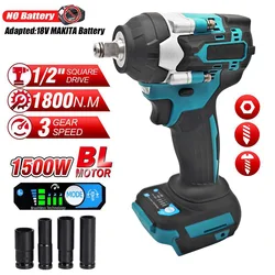 Chave de Impacto Sem Escova Apto para Makita 18V Bateria, 1500W, 1800 N.M Torque, 1/2”