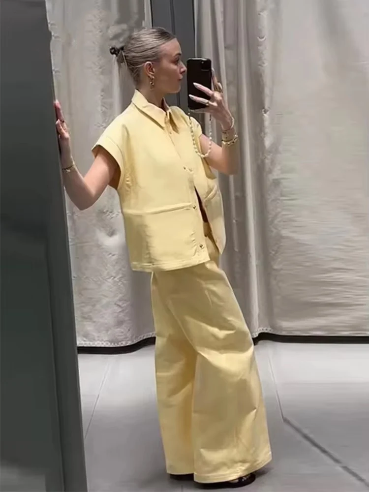스트리트 패션 조끼 바지 세트 여성 투피스 라펠 반팔 조끼 와이드 레그 바지 2025 여름 캐주얼 의상