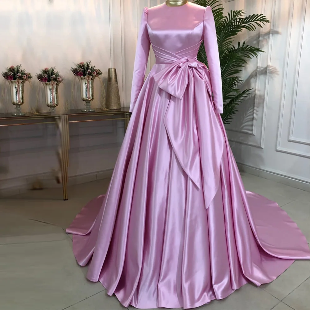 Robe de mariée musulmane rose à manches longues, taille avec nœud, en Satin mat, coupe trapèze, à col rond, tenue de soirée formelle, 2023