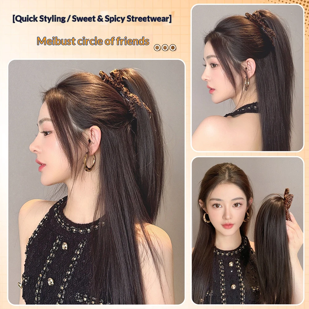 Leopard Print Bow Fountain Claw Clip Straight High Ponytail Synthetic Hair Heat Resistant Hair Accessories for Women Daily view 5