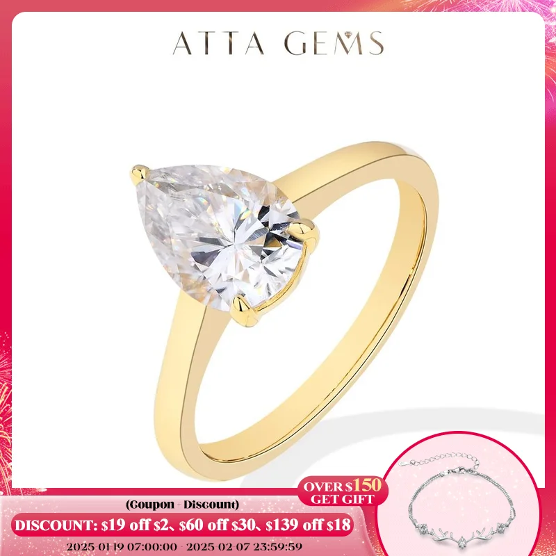 ATTAGEMS 2CT Moissanite Diamond Rings for Women Pear Cut Solid 18K 14K 10K Au585 Yellow Gold Engagement Fine Jewelry Top Quality