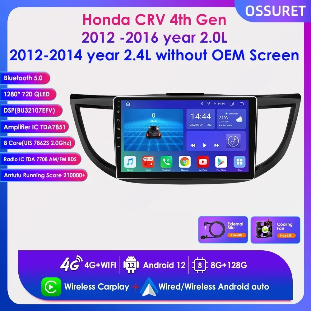 

10.1" 2 Din Android Radio 8 Core CarPlay for Honda CRV 2012 - 2015 Car Multimedia Player GPS BT Navigation RDS SWC DSP 4G Stereo