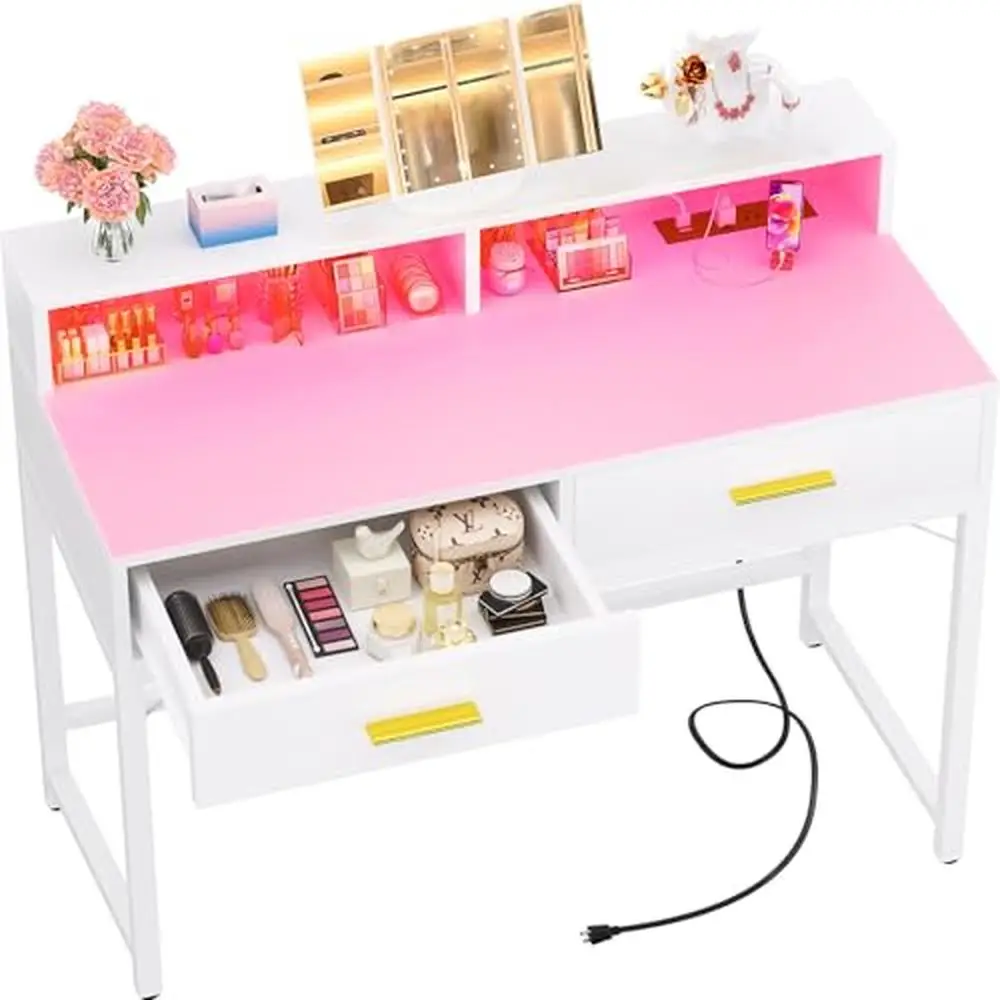 Trifold Mirror Vanity Desk with LED Lights & Storage Shelves 36 Inch White Makeup Table with USB Charging Ports & 2 Drawers