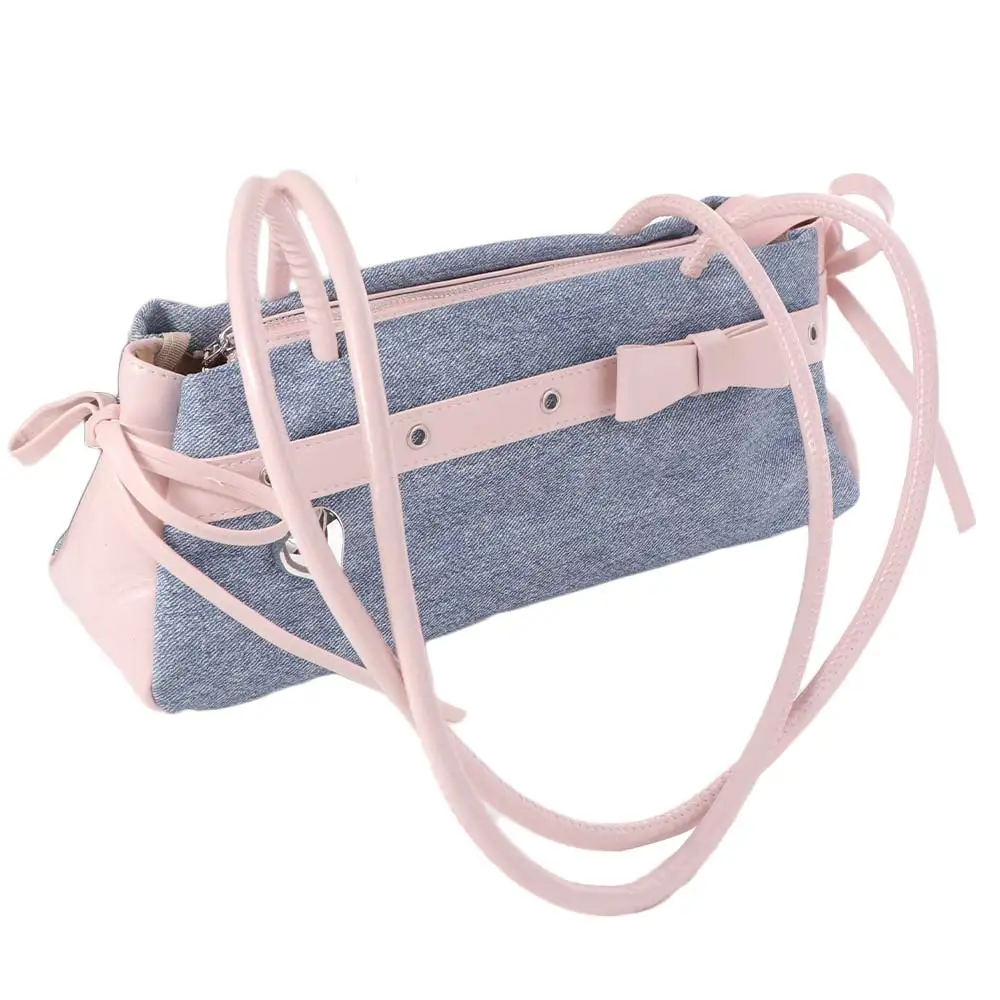 Doce francês vara bolsa fita contraste cor arco pu bolsa de ombro estilo coreano grande capacidade denim axilas sacos viagem