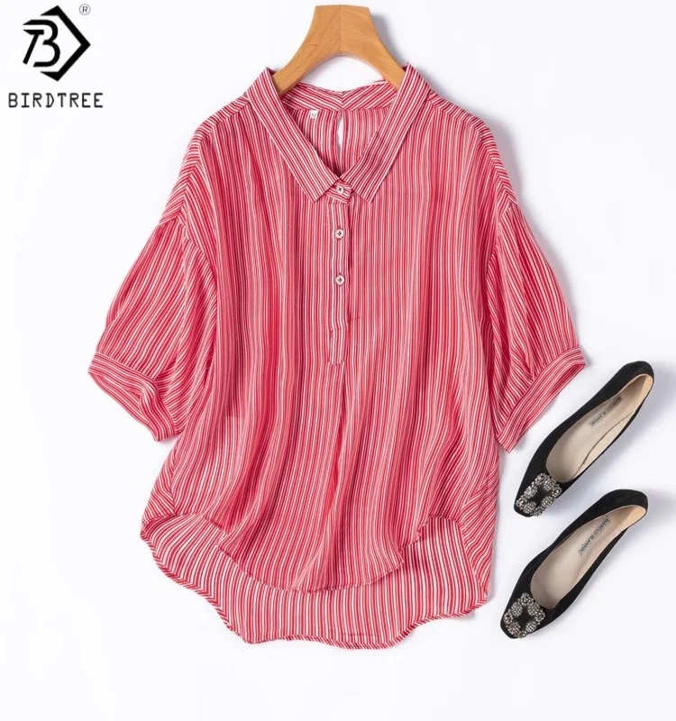 

Birdtree 100% Mulberry Silk Red Stripe Shirt,Women Double Crepe Half Sleeves Loose Turndown Collar Blouse,2025 New T57919JF