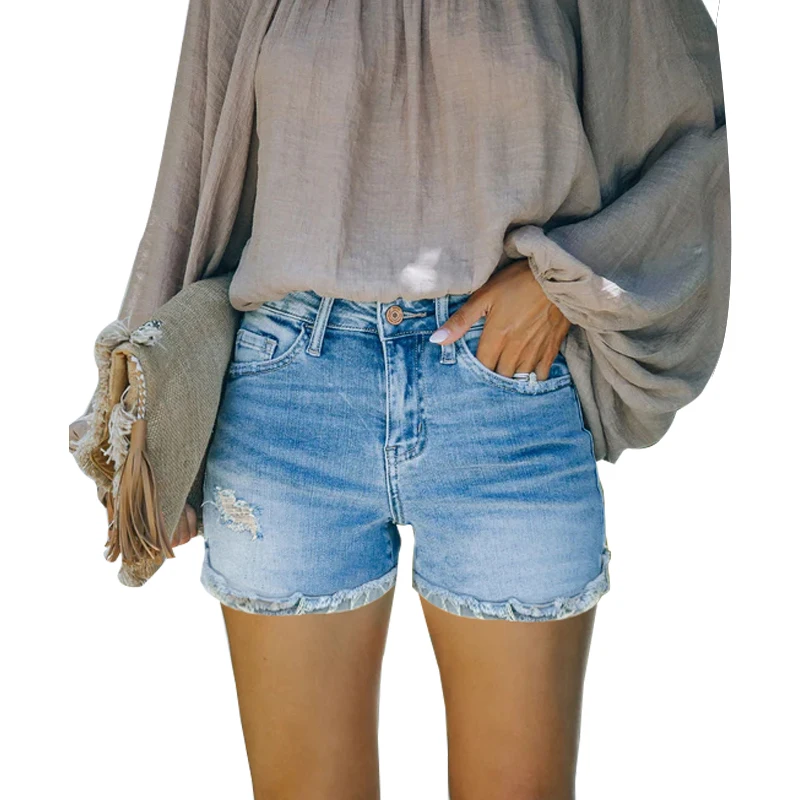 

High quality summer women's hot shorts in straight leg light blue denim shorts with rolled hem and ground for cute women