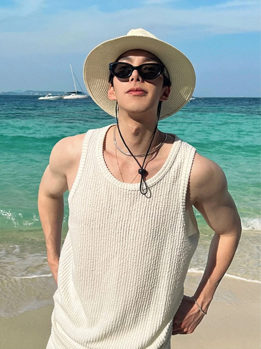 Advanced Casual Loose Men's Sleeveless Sporty Tank Top Textured Lazy Style Breathable round Neck Micro Elastic T-Shirt