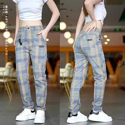 슬림핏 캐주얼 팬츠 청춘 유행 가을 슬림핏 스트레이트 남성용 다목적 체크 캐주얼 팬츠 캐주얼 바지 캐주얼 팬츠