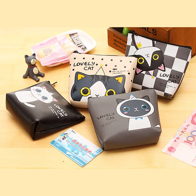 Cartoon Cat PU Leather Coin Bag Pure Zipper Cartoon Cute Cat Coin Key Bag Money Pocket Women Men Coin Purse Small Wallet Kid