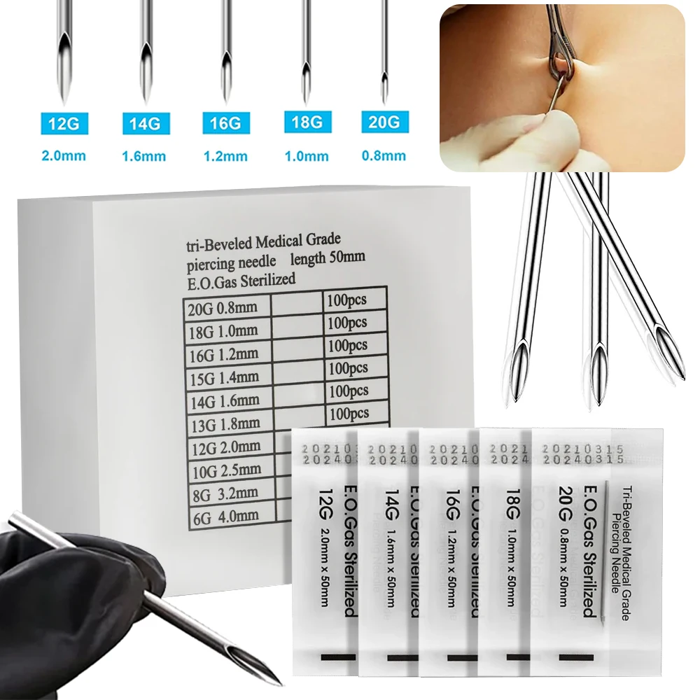 

100/50/20/5pcs Body Piercing Needle Sterile Disposable Ear Nose Navel Nipple Lip Piercing Needles Medical Tattoo Needle Supply