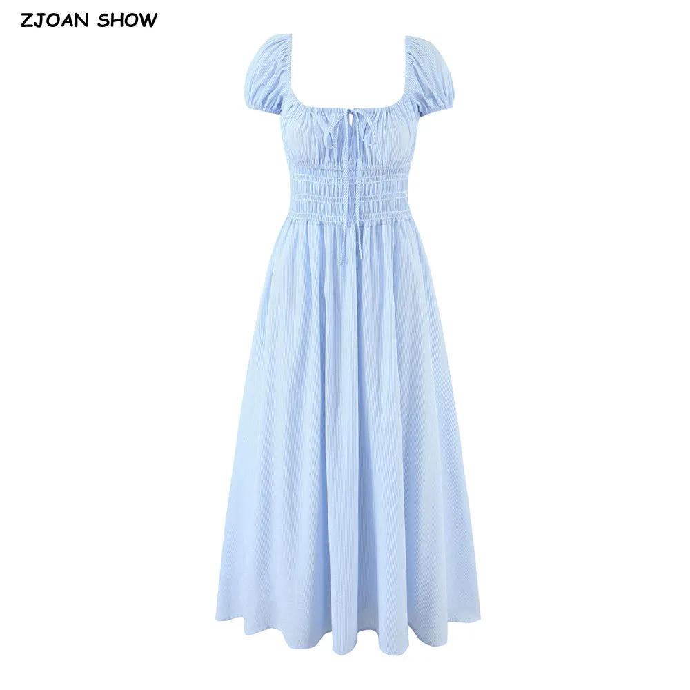보헤미안 스트라이프 리본 주름 장식 가슴 리본 U넥 퍼프 소매 드레스 탄력있는 하이웨이스트 플리츠 스윙 미디 롱 드레스 휴가용 베스티도스