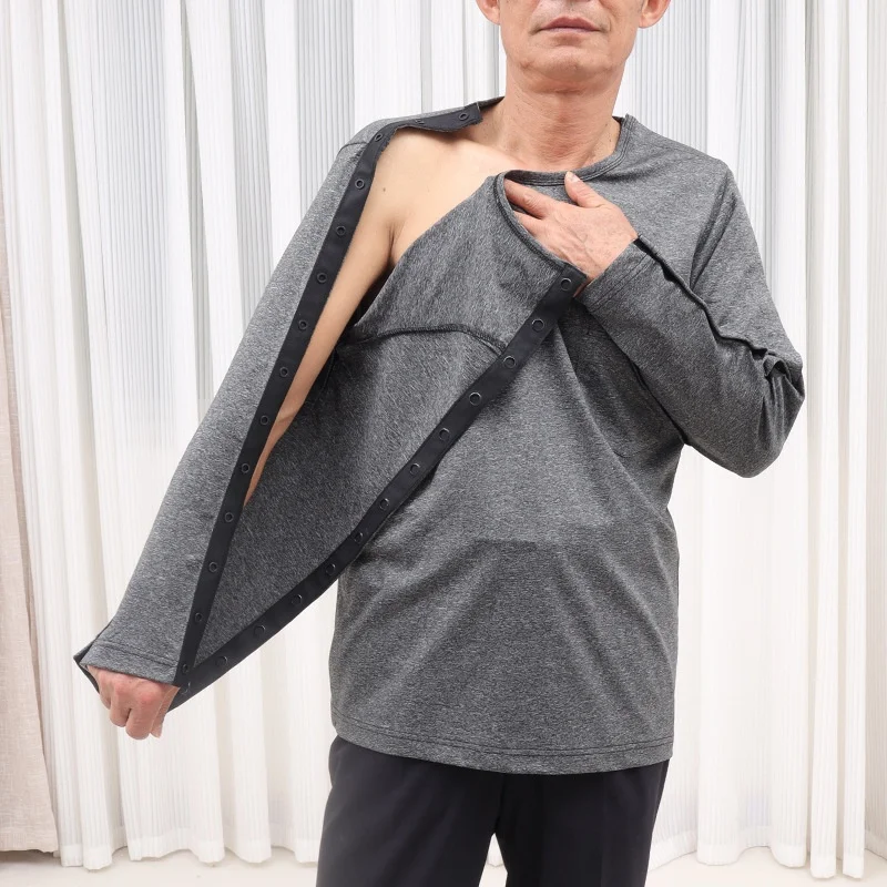 Easy-to-Put-On and Take-Off Patient T-Shirt with Snap Buttons Ideal for Arm Fracture Post-Op Acupuncture, Bedridden Elderly Care