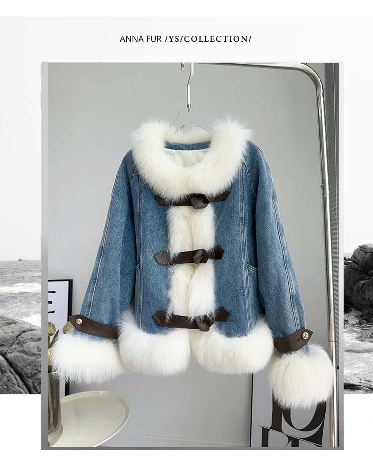 Fur CoatNew Fashion Fox Fur Collar Coat White Goose Down Liner Cowboy Women Spell Sheepskin.