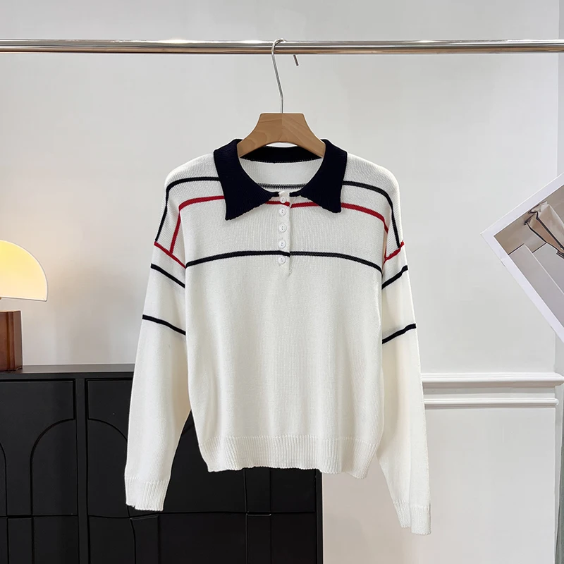 

Vintage Preppy Style Long Sleeve Knitted Neck Casual Versatile Top for Young Girls Skin-friendly Breathable Regular Fit