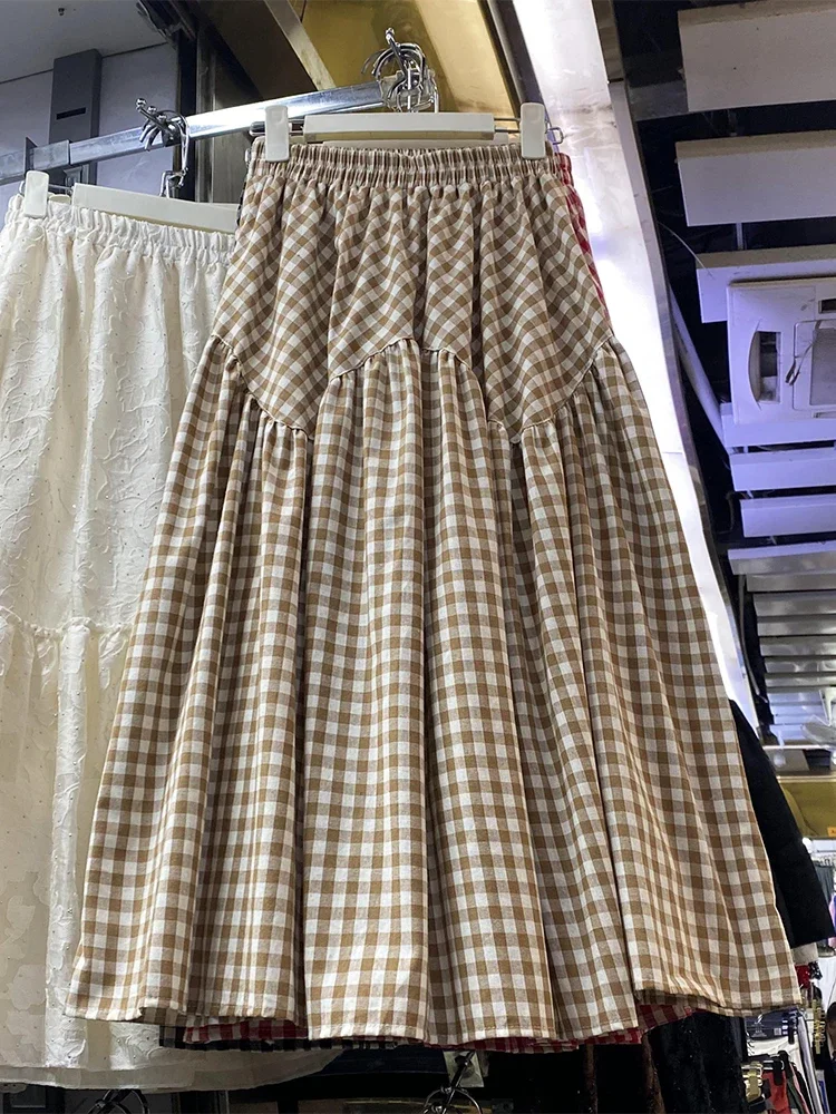 Japanese Literary Style Elastic High Waist Sweet Plaid Skirts Irregular Splicing Big Hemline A-line Long Skirt Women Autumn 2024