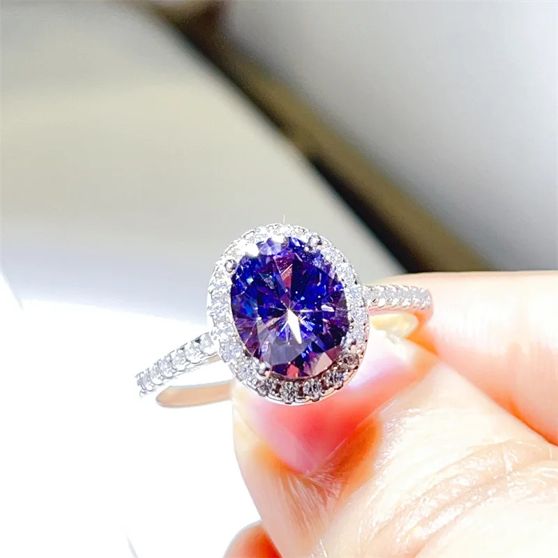 100%18K white gold and platinum PT950 purple oval moissanite 3 carat micro-set diamond ring high-end engagement jewelry