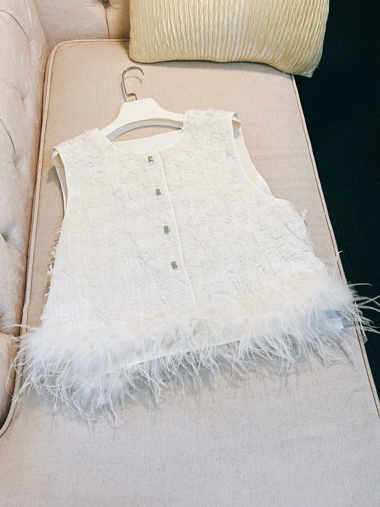 

Лето 2023, новый национальный тренд Sle, нефритовый синий жилет с перьями, белый жилет, верхняя одежда, женская модель Ele, простой дизайн