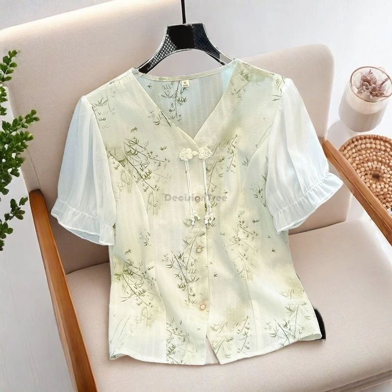 2026 new chinese retro style flower printed patchwork design yarn sleeve cheongsam button top loose elegant daily qipao blouse