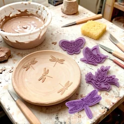 4pcs Embossing Press Stamp for Pottery Dragonfly Butterfly Eagle Patterns for DIY Polymer Clay Ceramic Modeling Texture Tools