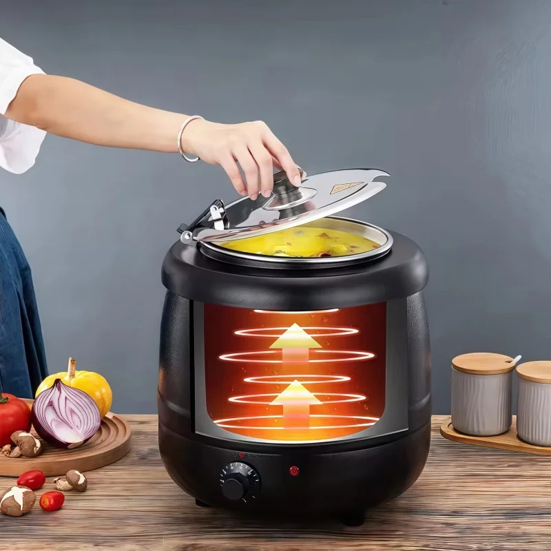 304 وعاء الحساء الدافئ العزل الحراري التجاري الكهربائية ترموستاتي الأسود 10L كافتيريا