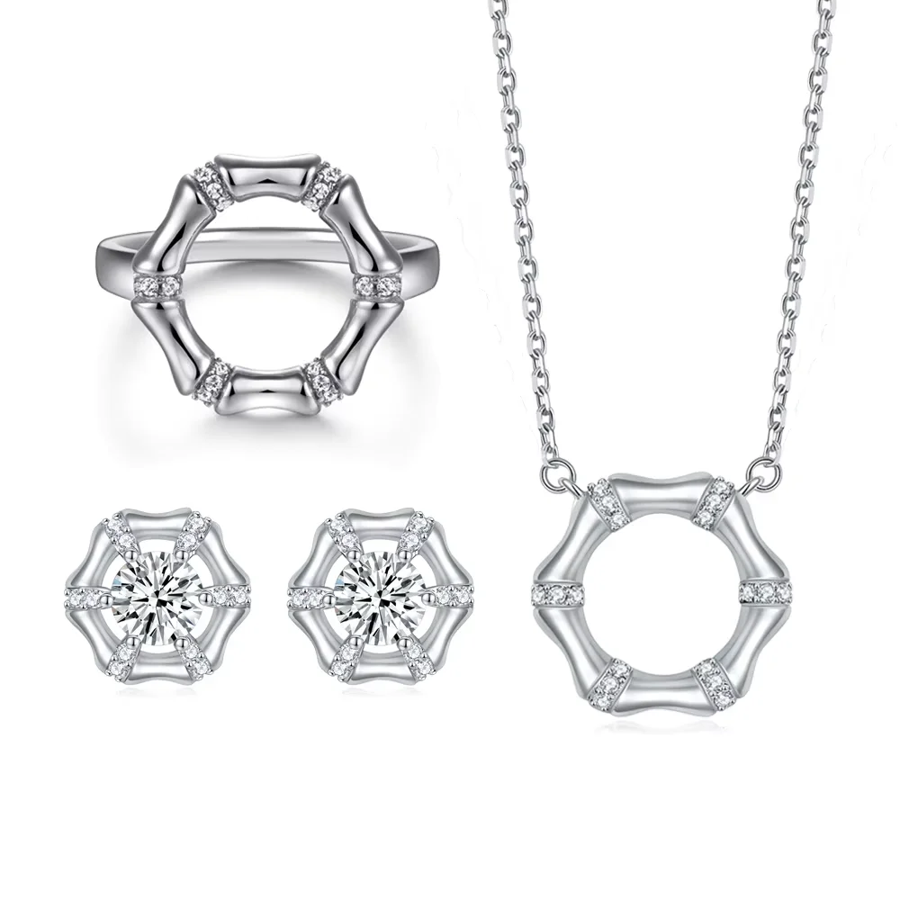 

Sun Star 925 Sterling Silver Jewelry Set Hexagon Prong Diamond and Zircon Wedding Rings Earrings and Necklace